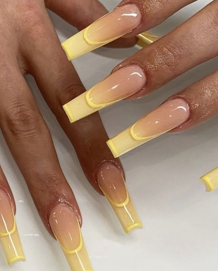 Summer Yellow Ombré Tips , French Smile , Press on nails